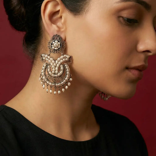 Statement Oaxacan filigree pearl earrings - Earrings
