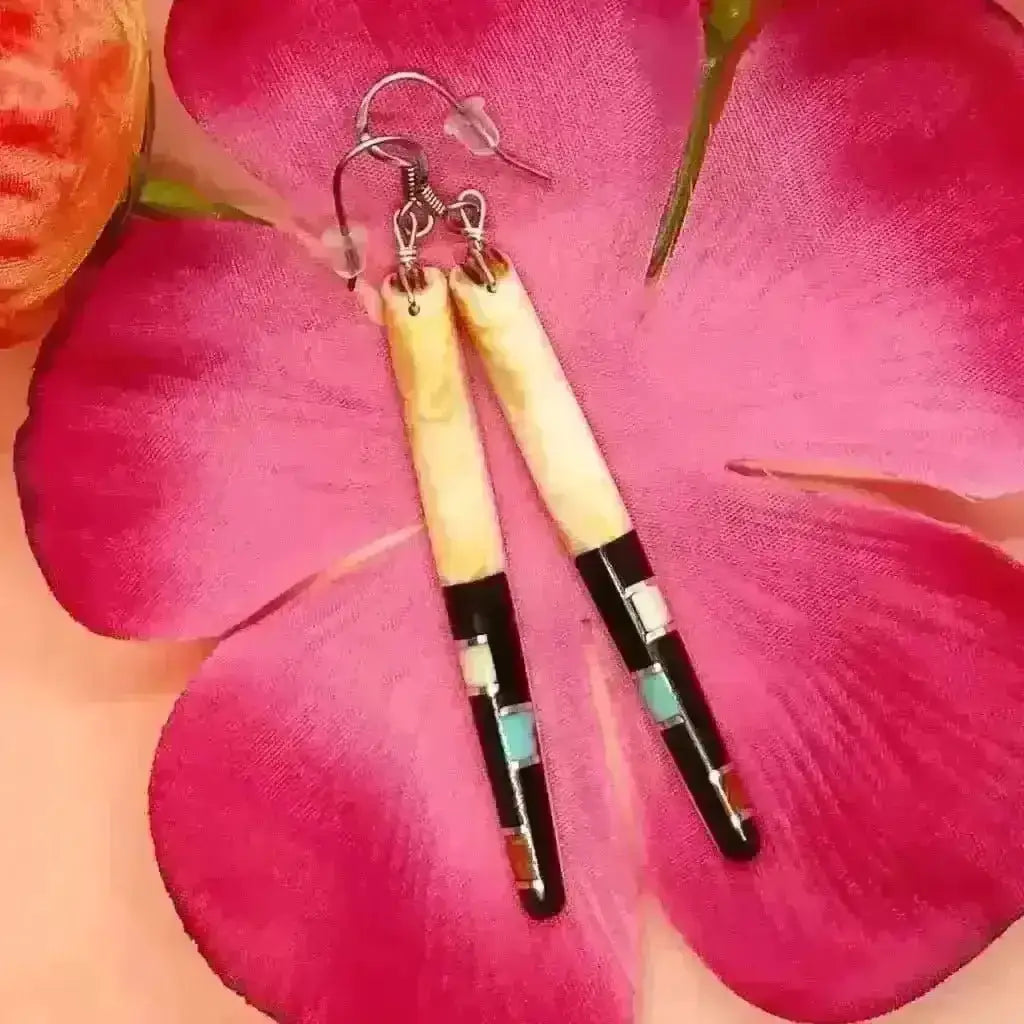 Tewa/Santo Domingo inlaid silver drop earring - earrings