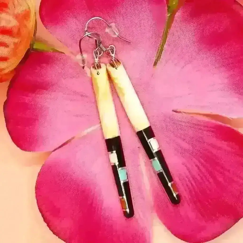 Tewa/Santo Domingo inlaid silver drop earring - earrings