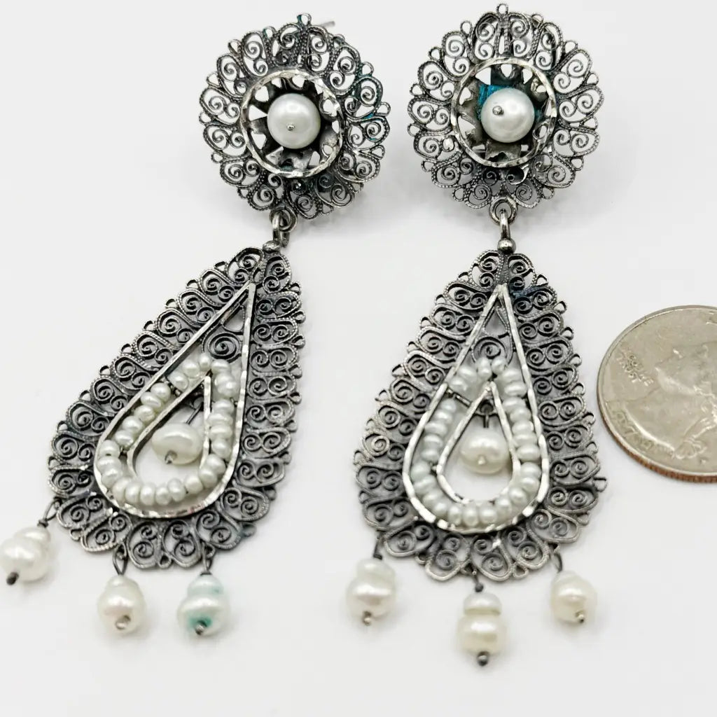 Traditional Oaxacan earrings with pearls Oaxaca sterling