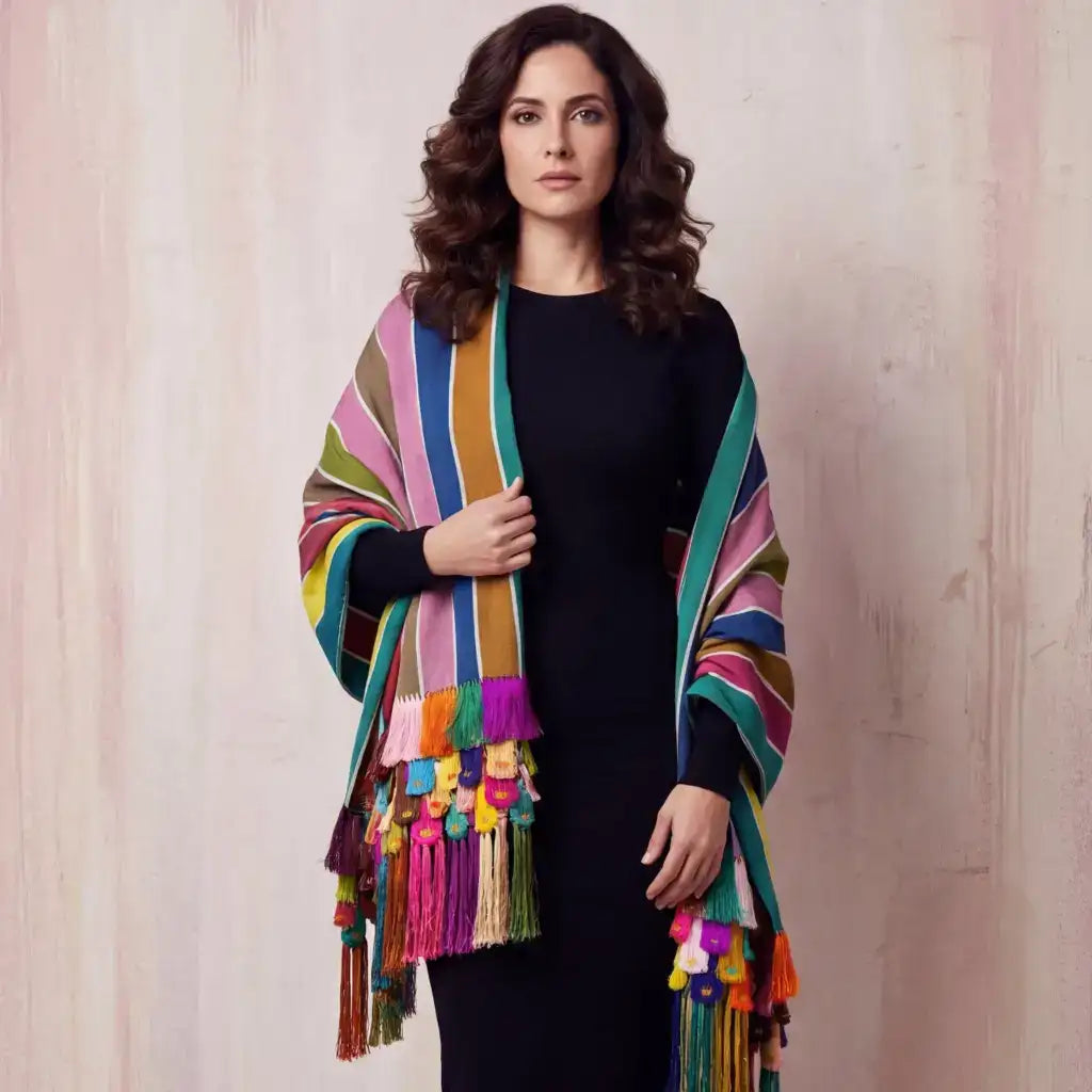 Purepecha rebozo with fringe—blue green yellow stripes