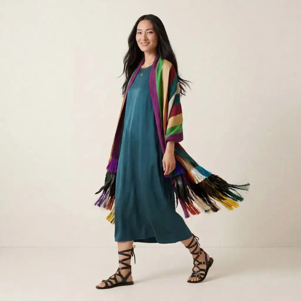 Multi color Purepecha rebozo with fringe and feathers