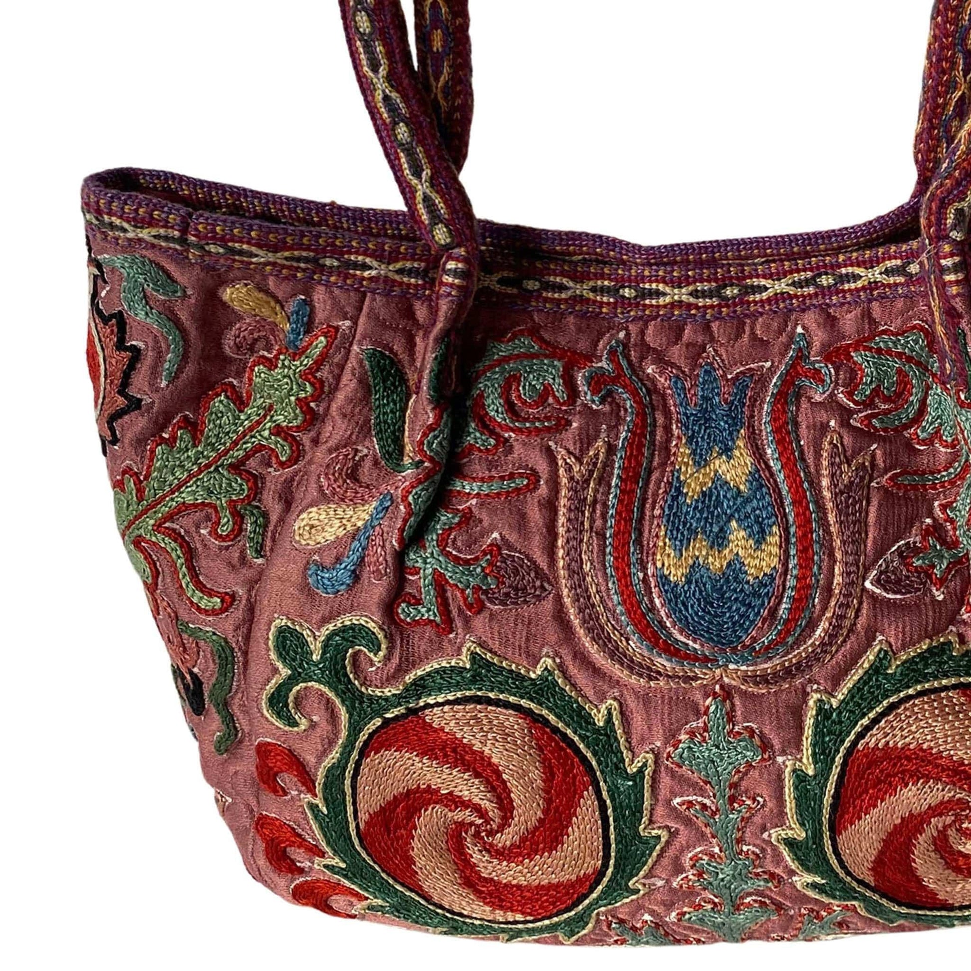 Embroidered silk Suzani Uzbekistan bucket handbag.