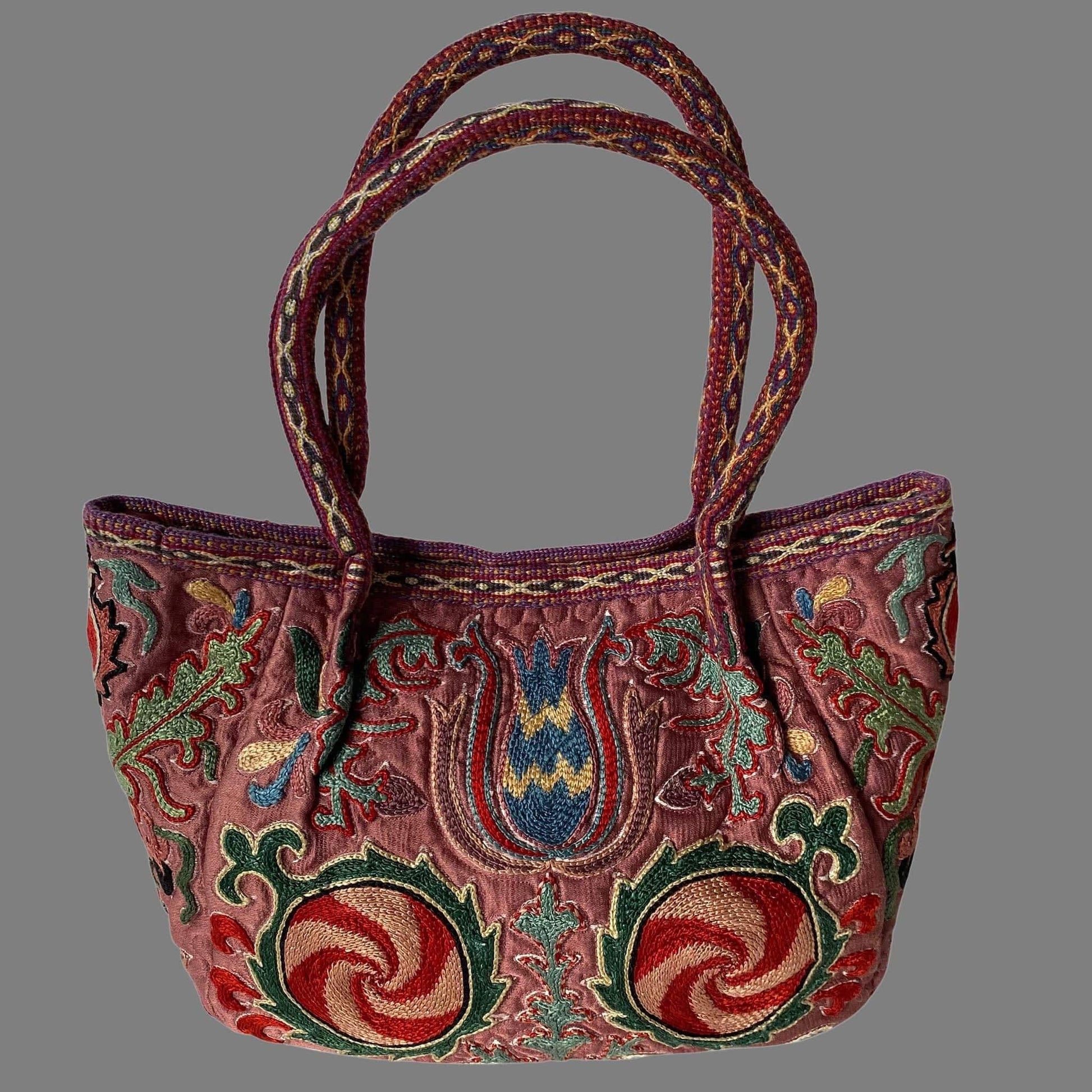 Embroidered silk Suzani Uzbekistan bucket handbag.