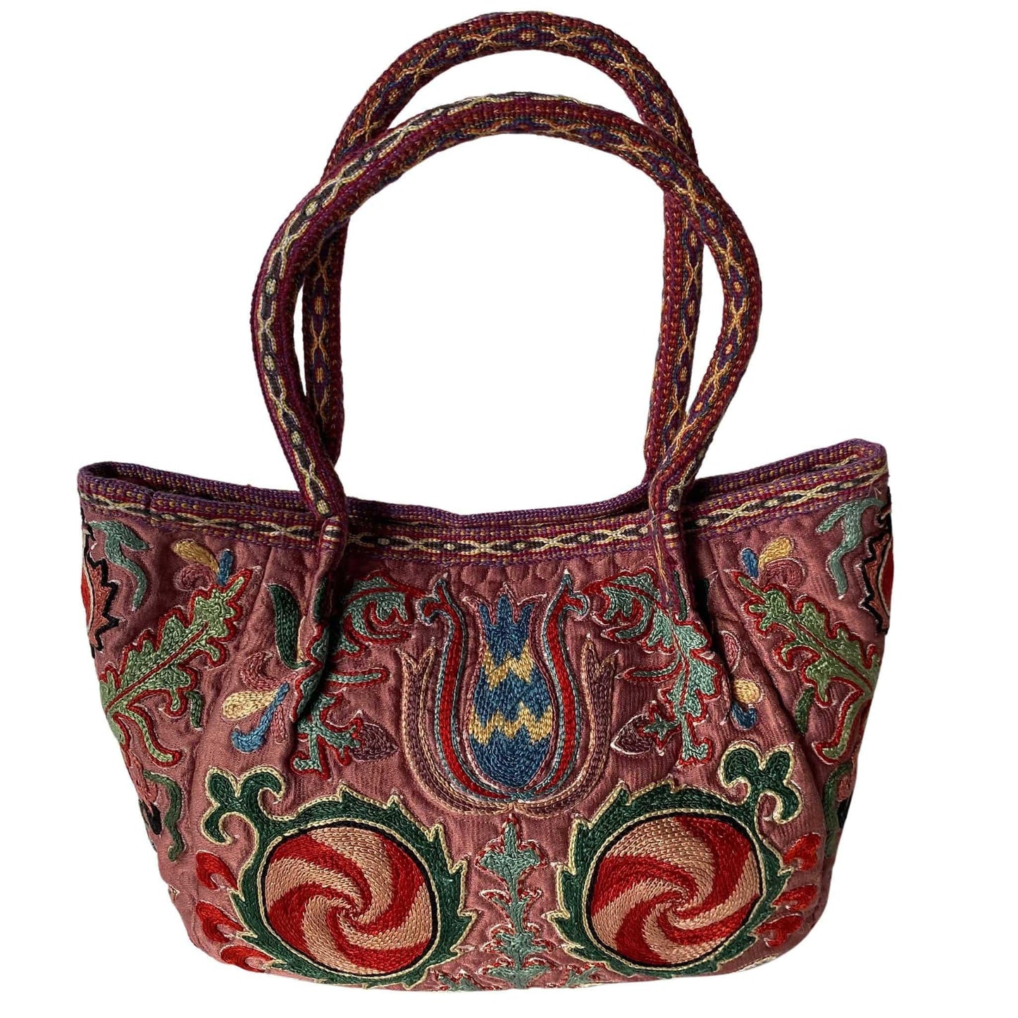 Embroidered silk Suzani Uzbekistan bucket handbag.