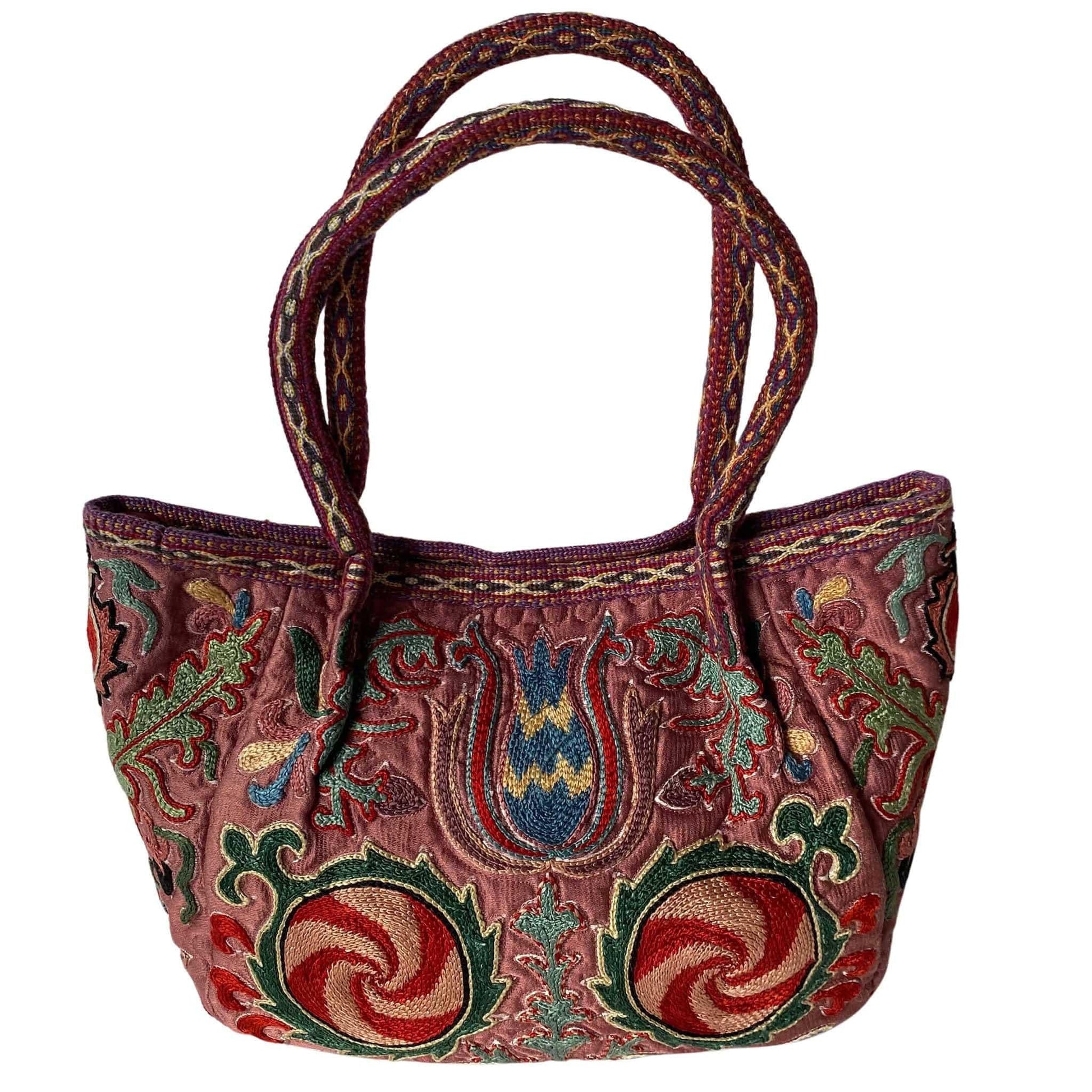 Embroidered silk Suzani Uzbekistan bucket handbag.