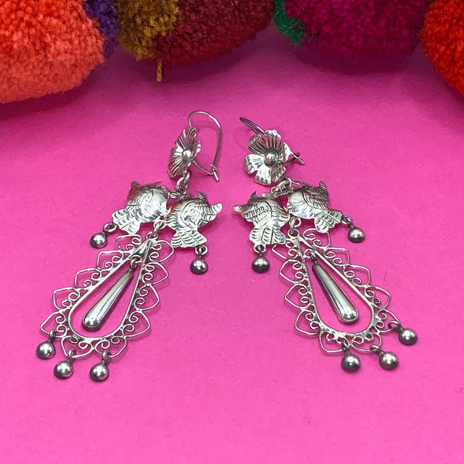 Mazahua silver dove Mexican earrings - Mexican Oaxacan Silver Jewelry