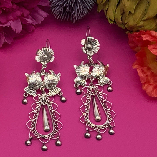 Mazahua silver dove Mexican earrings - Mexican Oaxacan Silver Jewelry