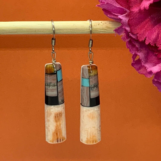 Tewa/Santo Domingo long drop earrings-Lion’s Paw Scallop Shell with inlaid stones.